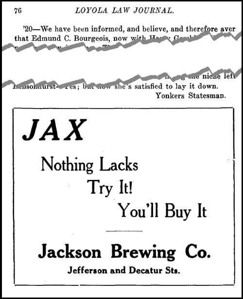 Jax Brewery Ad in Loyola New Orleans Law Journal, 1921